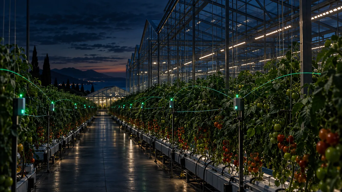 Domates sıralarına yerleştirilmiş, birbirine veri gönderen sensörler