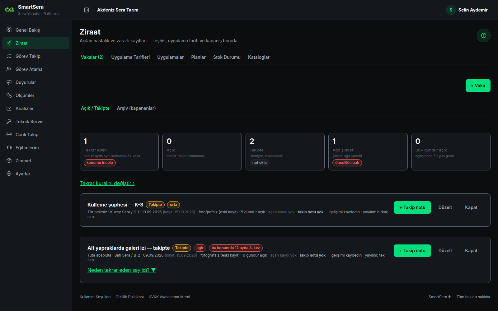 Smart Sera Pro ziraat vaka takibi ekranı